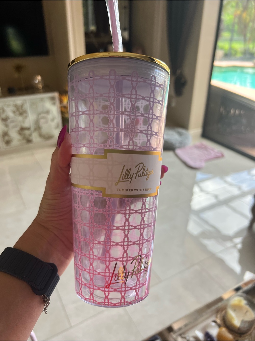 Lilly Pulitzer Pink & Gold Patterned Insulated Tumbler with Straw 24 oz